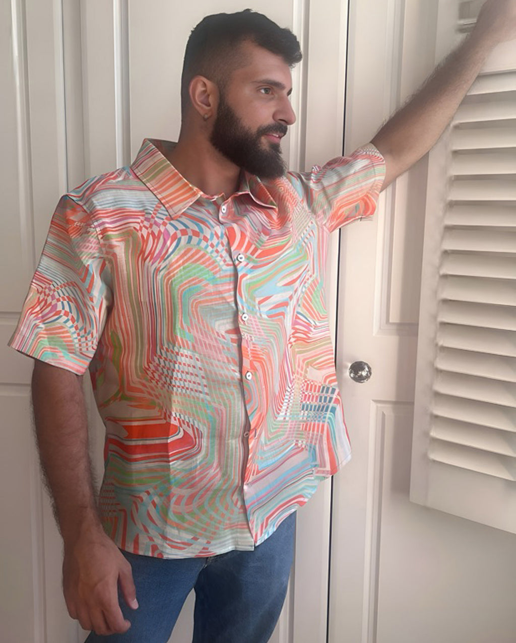 Organic Short Sleeve Linen Shirt in colourway Sunset Psychedelia